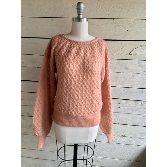 80s  I. Magnin mohair peach sweater lace full sleeves small lightweight dressy - Picture 4 of 8